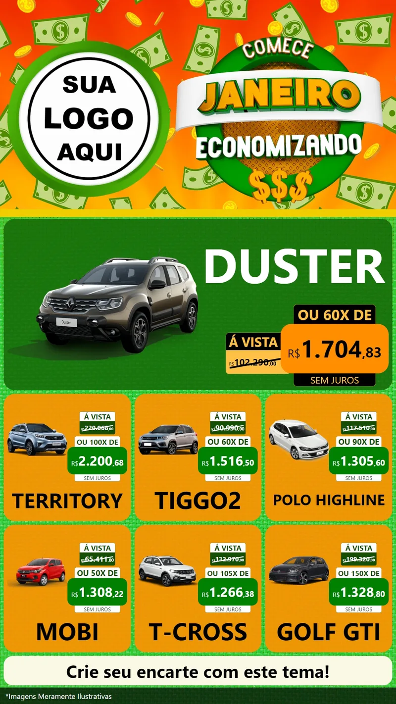 Modelo de Rede Social para Stories com o tema Comece Janeiro Economizando para Concessionaria de Carros