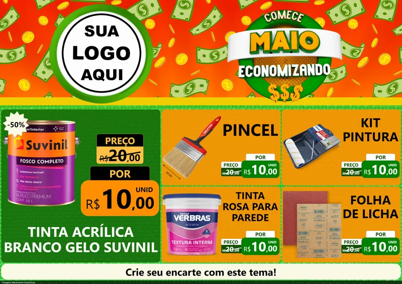Modelo de Encarte para Encarte A4 Horizontal com o tema Comece Maio Economizando para Tintas e Ferramentas