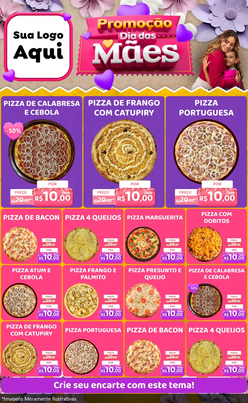 Modelo de Encarte para Encarte Grande com o tema Promoção Dia das Mães para Pizzaria