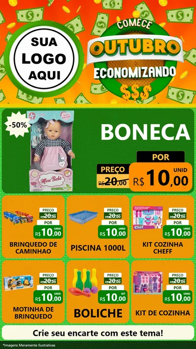 Modelo de Rede Social para Stories com o tema Comece Outubro Economizando para Brinquedos