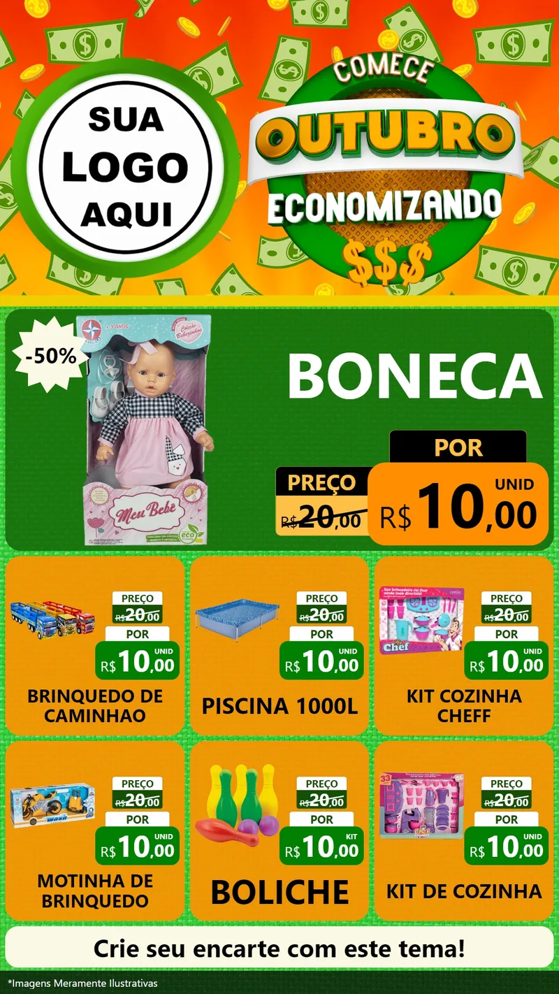 Modelo de Rede Social para Stories com o tema Comece Outubro Economizando para Brinquedos