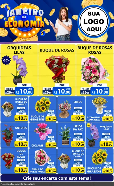 Modelo de Encarte para Encarte Grande com o tema Janeiro da Economia para Floricultura e jardim
