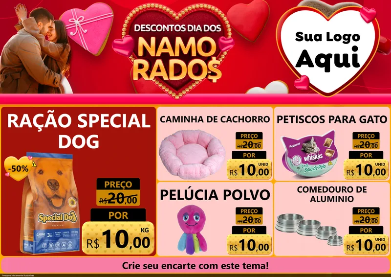 Modelo de Encarte para Encarte A4 Horizontal com o tema Descontos Dia dos Namorados para Pet Shop