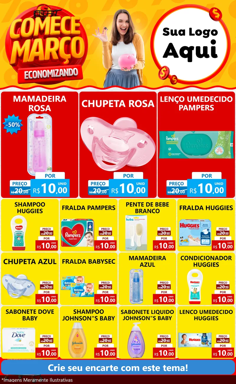 Modelo de Encarte para Encarte Grande com o tema Comece Março Economizando para Bebês