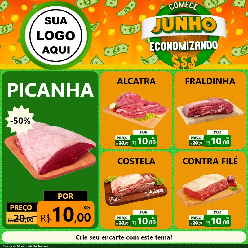 Modelo de Rede Social para Feed Facebook com o tema Comece Junho Economizando para Açougue