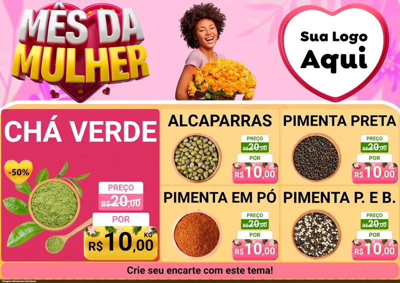 Modelo de Encarte para Encarte A4 Horizontal com o tema Mês da Mulher para Produtos Naturais