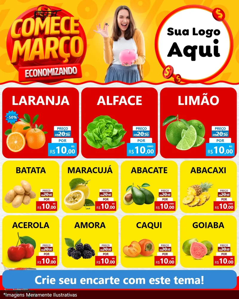 Modelo de Rede Social para Feed Instagram com o tema Comece Março Economizando para Hortifrúti