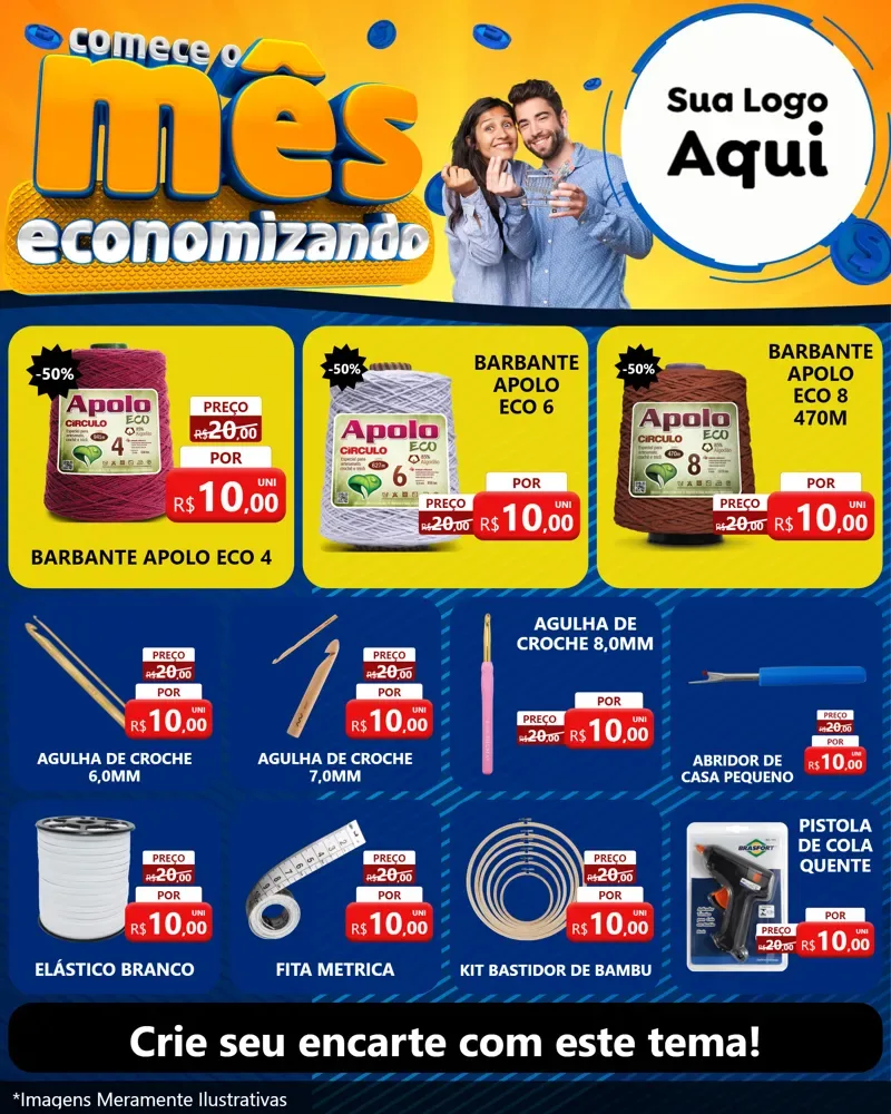 Modelo de Rede Social para Feed Instagram com o tema Comece O Mês Economizando para Armarinho e Aviamentos