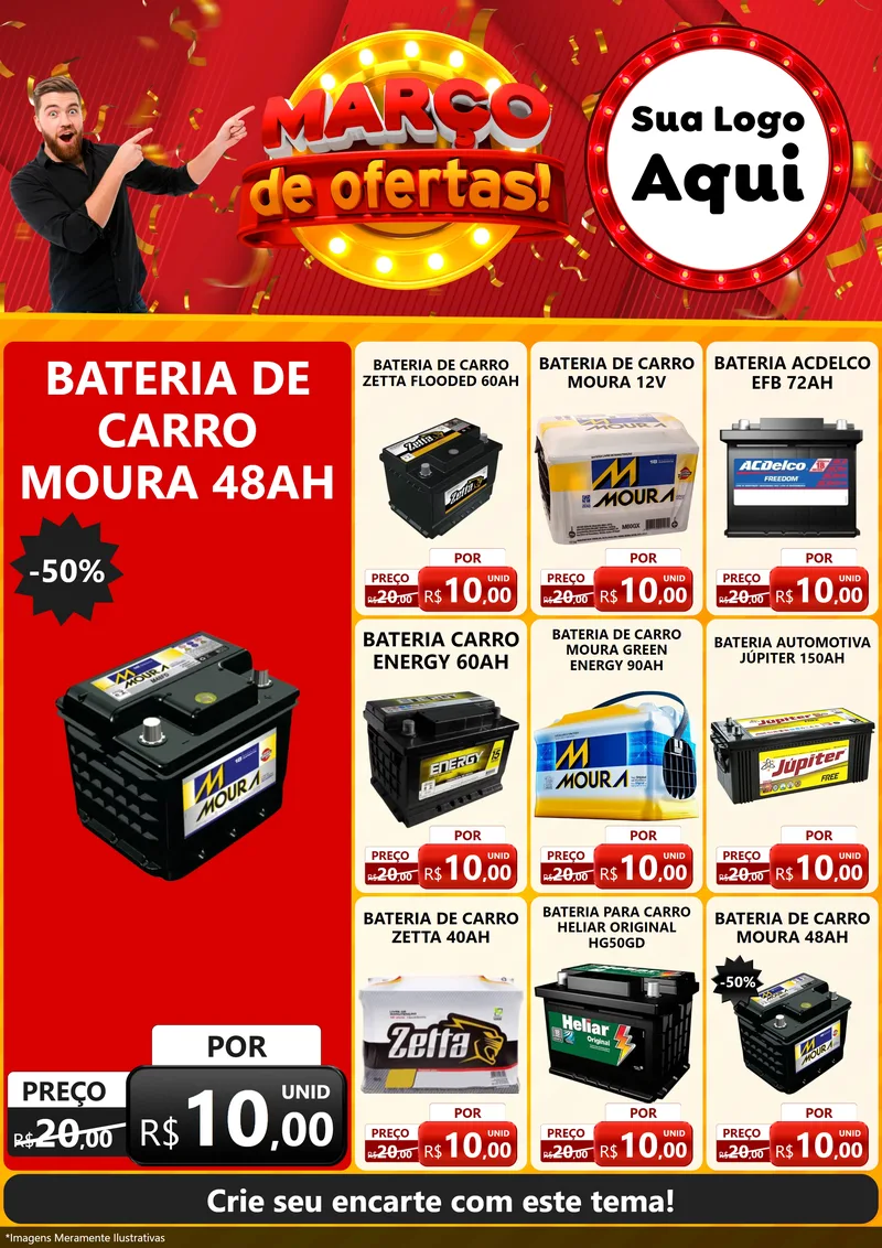 Modelo de Encarte para Encarte A4 Vertical com o tema Março de Ofertas! para Baterias Elétricas
