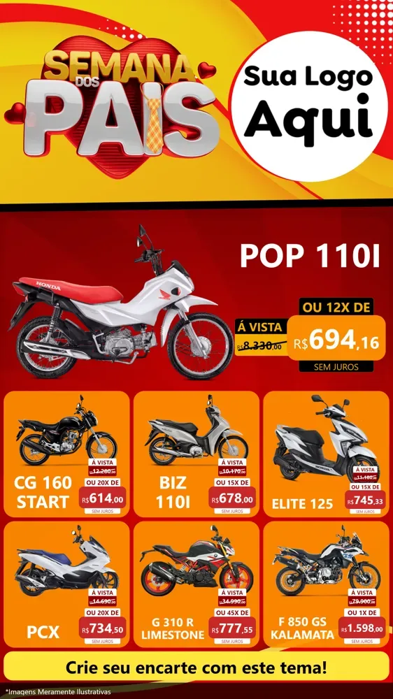 Modelo de Rede Social para Stories com o tema Semana Dos Pais para Concessionaria de Motos