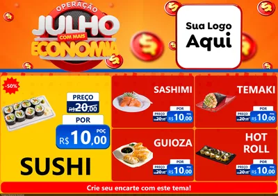Modelo de Encarte para Encarte A4 Horizontal com o tema Operação Julho Com Mais Economia para Comida japonesa