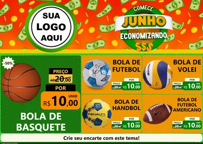 Modelo de Encarte para Encarte A4 Horizontal com o tema Comece Junho Economizando para Artigos Esportivos