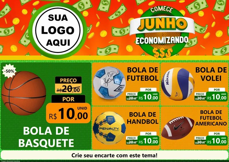 Modelo de Encarte para Encarte A4 Horizontal com o tema Comece Junho Economizando para Artigos Esportivos