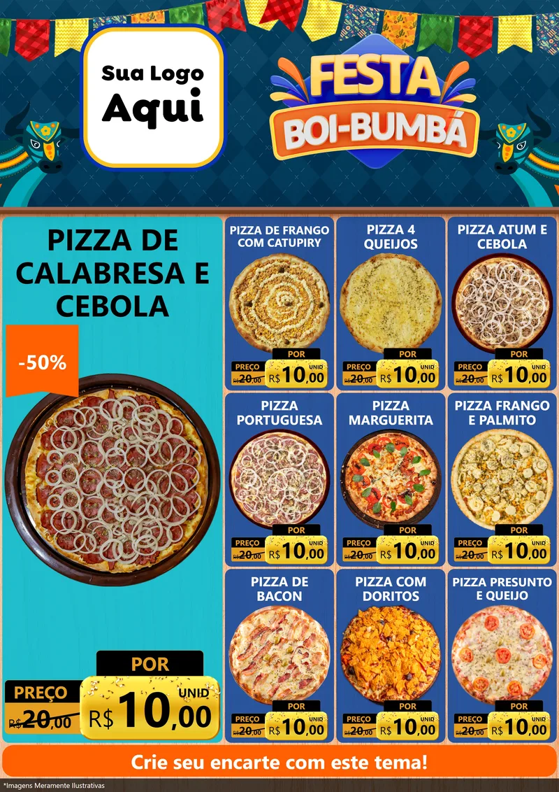 Modelo de Encarte para Encarte A4 Vertical com o tema Festa Boi Bumbá para Pizzaria