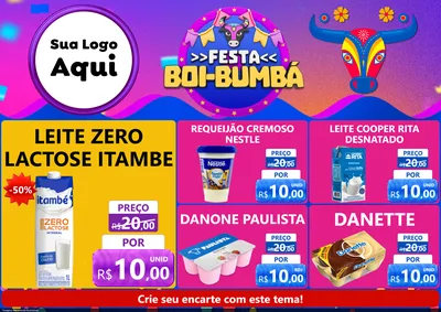 Modelo de Encarte para Encarte A4 Horizontal com o tema Festa Boi-Bumbá para Frios e Laticínios