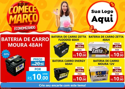 Modelo de Encarte para Encarte A4 Horizontal com o tema Comece Março Economizando para Baterias Elétricas