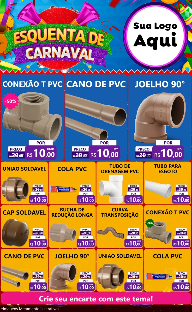 Modelo de Encarte para Encarte Grande com o tema Esquenta de Carnaval para Tubos e conexões