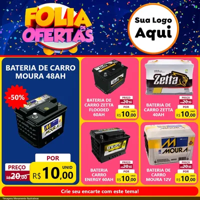 Modelo de Rede Social para Feed Facebook com o tema Folia de Ofertas para Baterias Elétricas