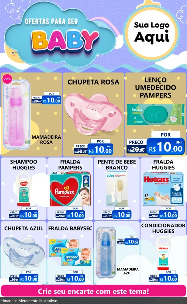 Modelo de Encarte para Encarte Grande com o tema Ofertas Para Seu Bebê para Bebês