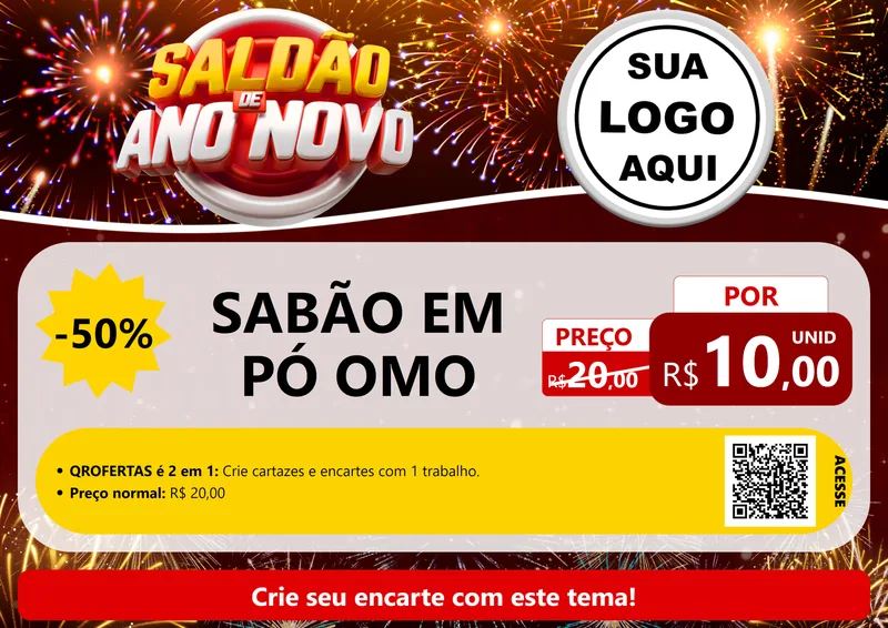 Modelo de Cartaz para Cartaz A4 Horizontal com o tema Saldão de Ano Novo para Produtos de Limpeza