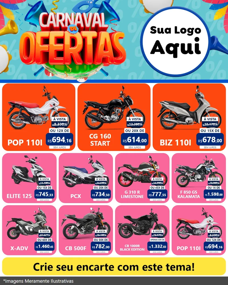 Modelo de Rede Social para Feed Instagram com o tema Carnaval de Ofertas para Concessionaria de Motos