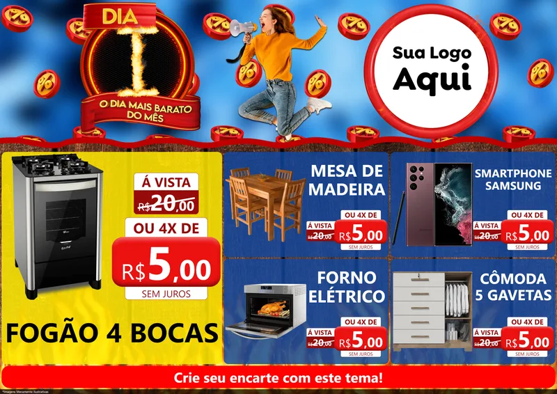 Modelo de Encarte para Encarte A4 Horizontal com o tema Dia I - O Dia Mais Barato Do Mês para Móveis e Eletro