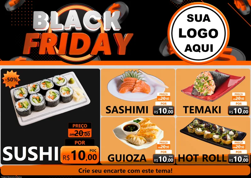 Modelo de Encarte para Encarte A4 Horizontal com o tema Black Friday para Comida japonesa