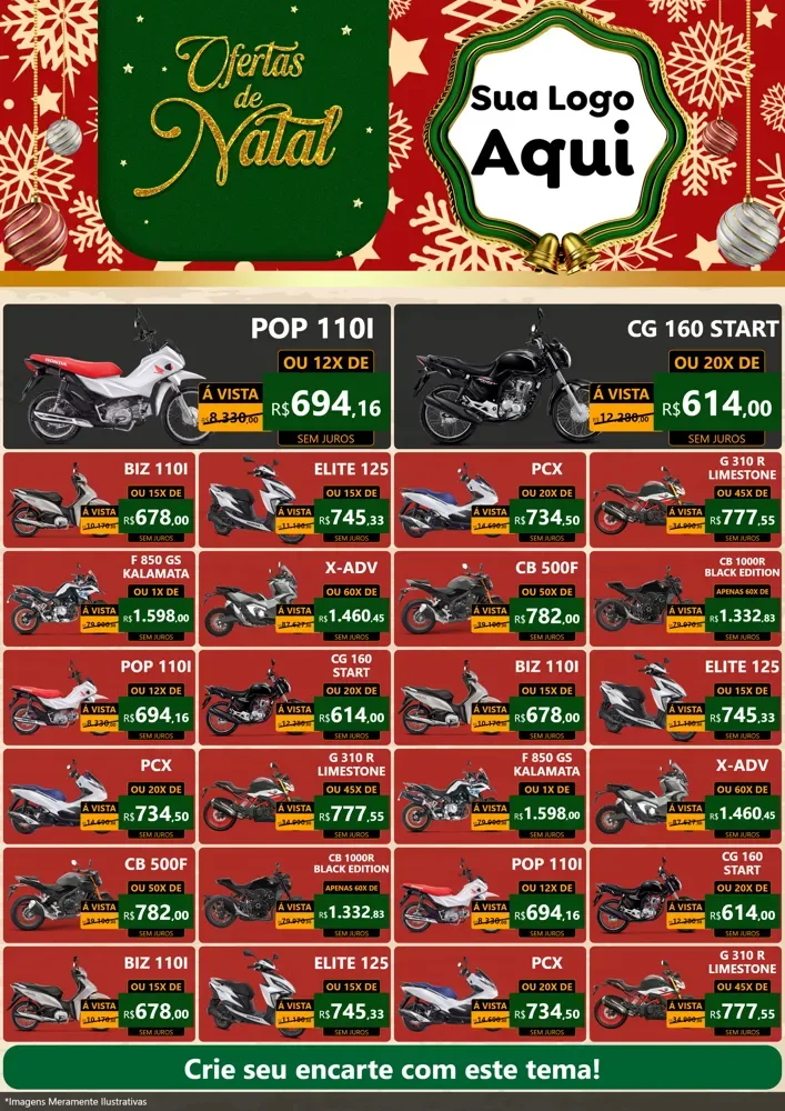 Modelo de Encarte para Encarte A4 Vertical com o tema Natal de Ofertas para Concessionaria de Motos