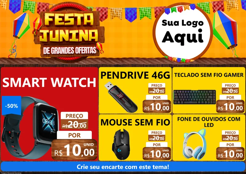 Modelo de Encarte para Encarte A4 Horizontal com o tema Festa Junina de Grandes Ofertas para Informática