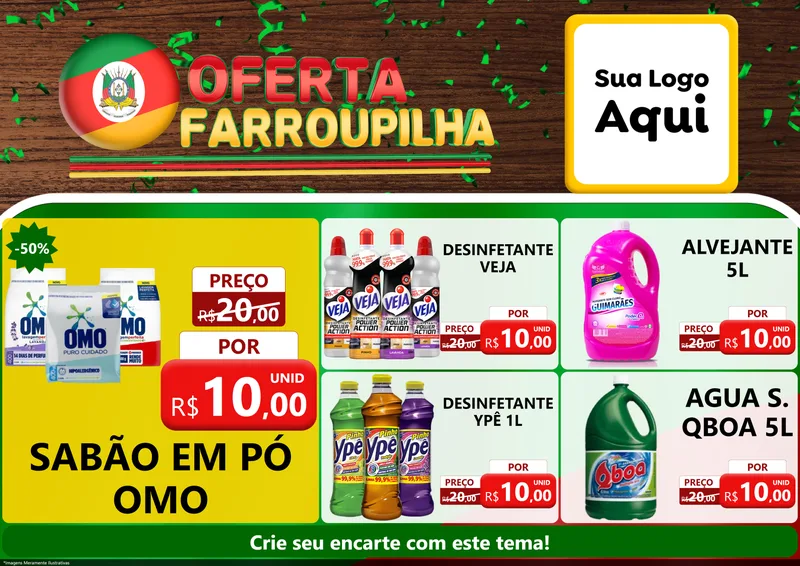 Modelo de Encarte para Encarte A4 Horizontal com o tema Oferta Farroupilha para Produtos de Limpeza