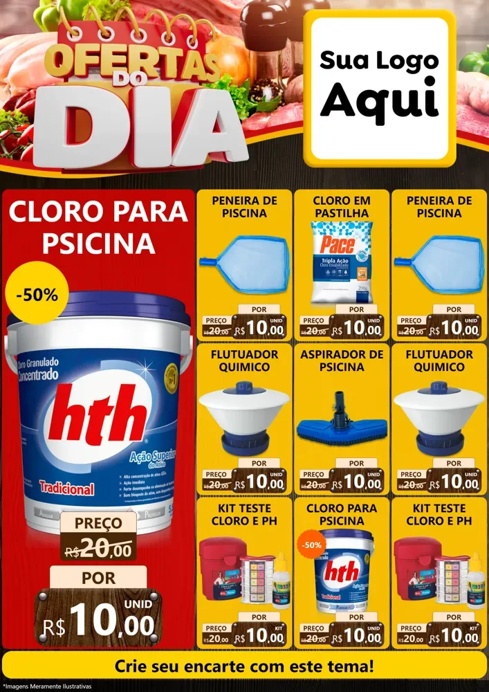 Modelo de Encarte para Encarte A4 Vertical com o tema Ofertas do Dia para Produtos para Piscina