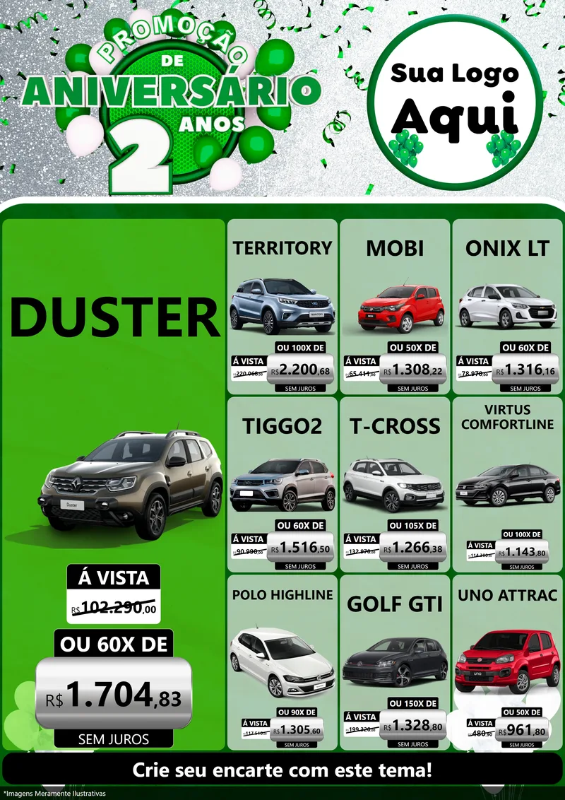 Modelo de Encarte para Encarte A4 Vertical com o tema Promoção de Aniversário - 2 Anos para Concessionaria de Carros