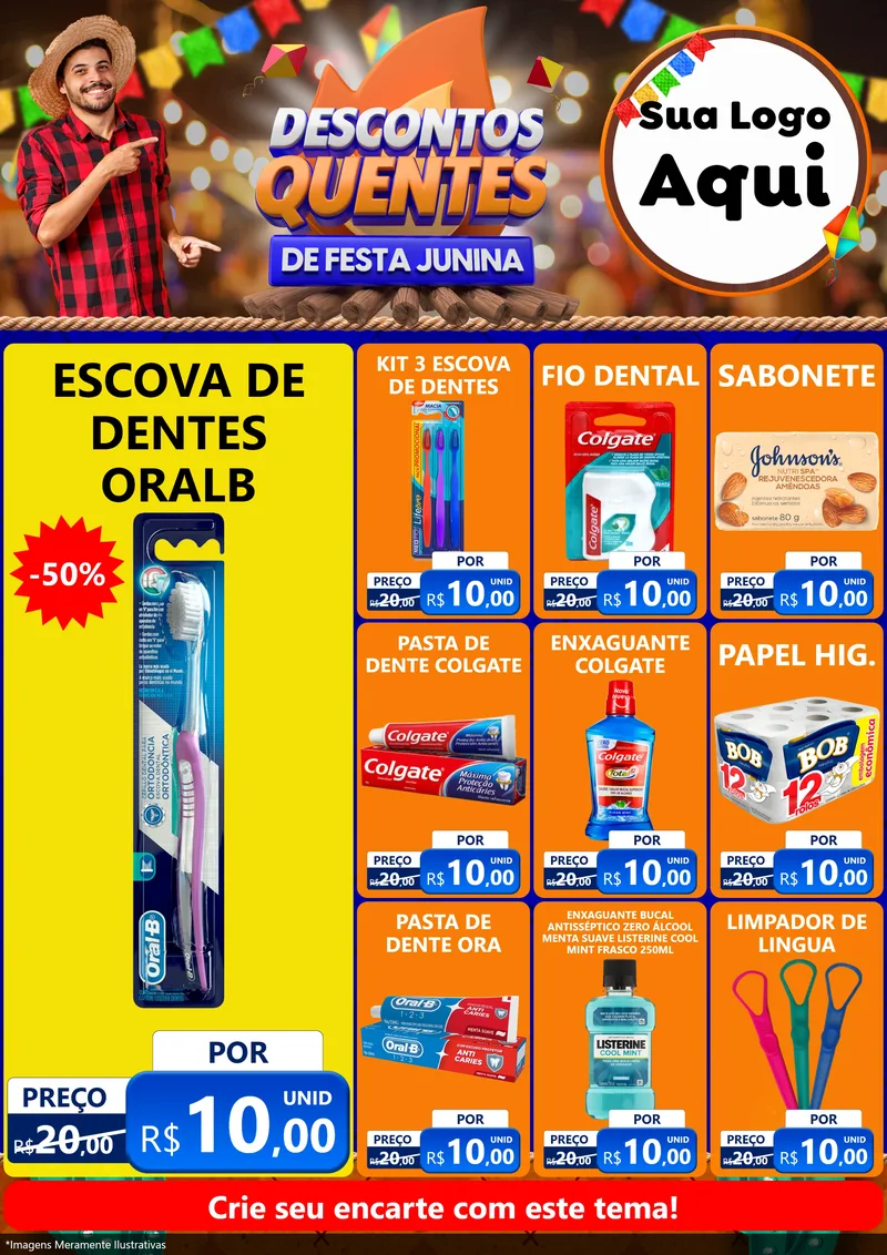 Modelo de Encarte para Encarte A4 Vertical com o tema Descontos Quentes de Festa Junina para Higiene Pessoal