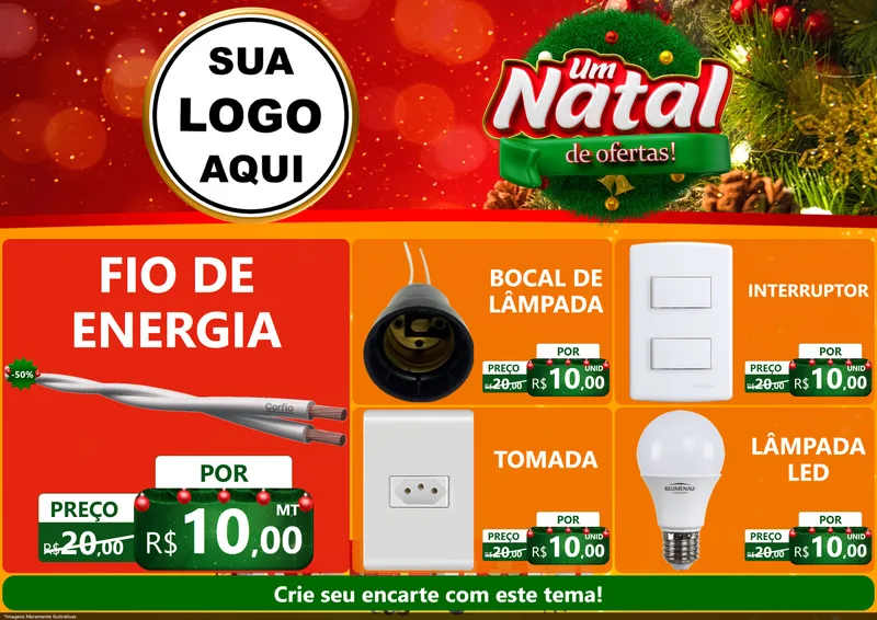 Modelo de Encarte para Encarte A4 Horizontal com o tema Um Natal de Ofertas para Materiais Elétricos