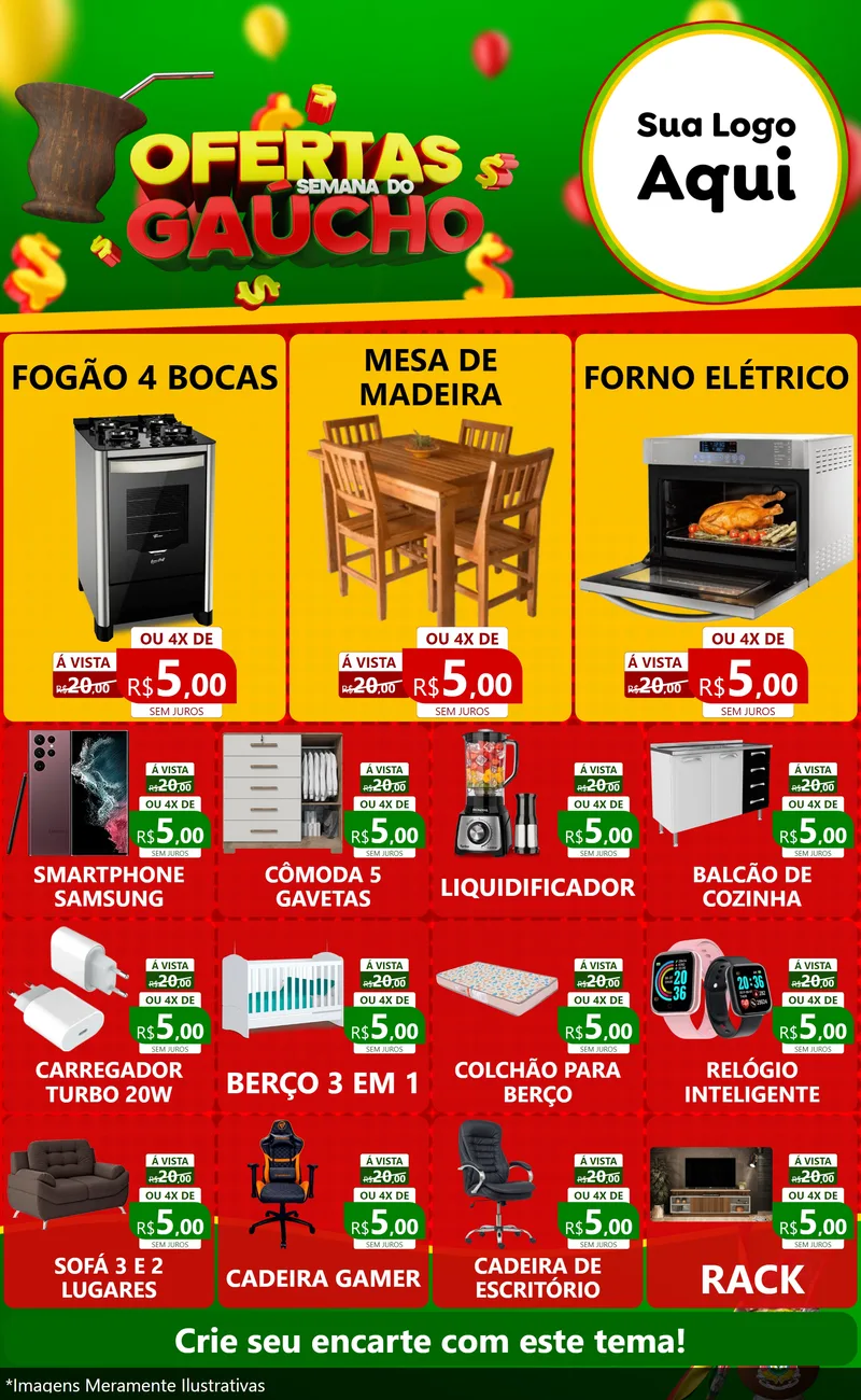 Modelo de Encarte para Encarte Grande com o tema Ofertas Semana Do Gaúcho para Móveis e Eletro