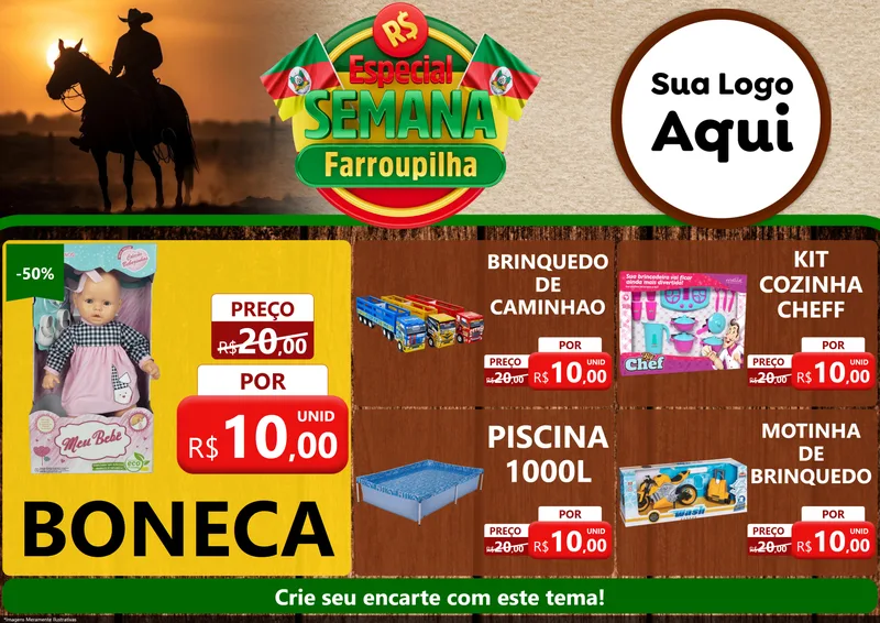 Modelo de Encarte para Encarte A4 Horizontal com o tema Especial Semana Farroupilha para Brinquedos