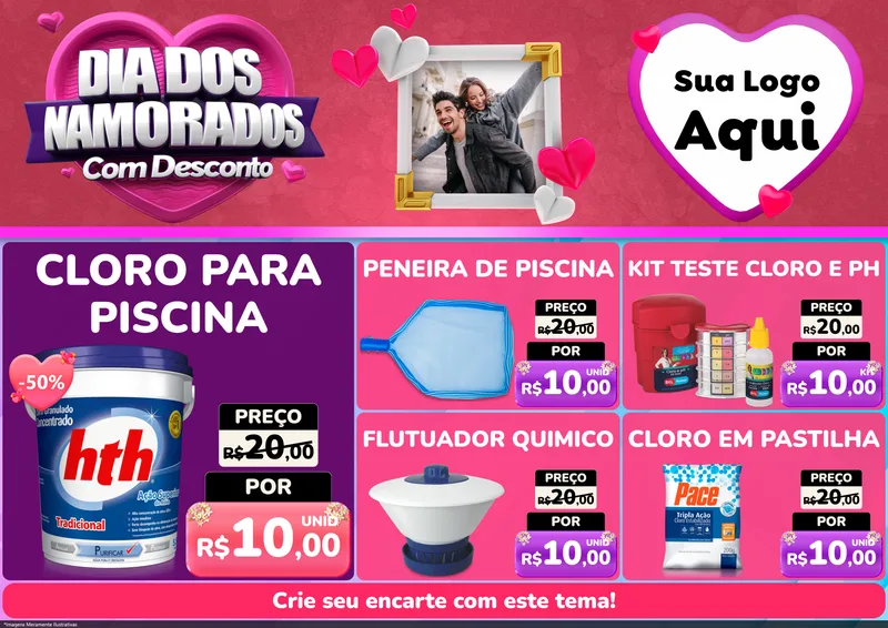 Modelo de Encarte para Encarte A4 Horizontal com o tema Dia Dos Namorados Com Desconto para Produtos para Piscina
