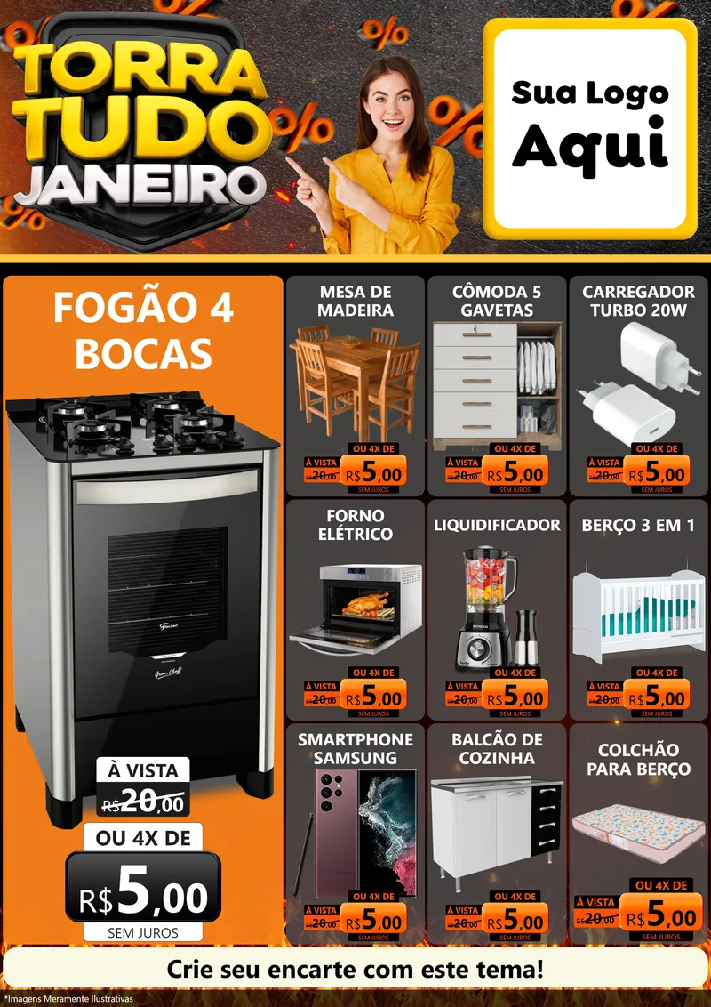 Modelo de Encarte para Encarte A4 Vertical com o tema Torra Tudo Janeiro para Móveis e Eletro