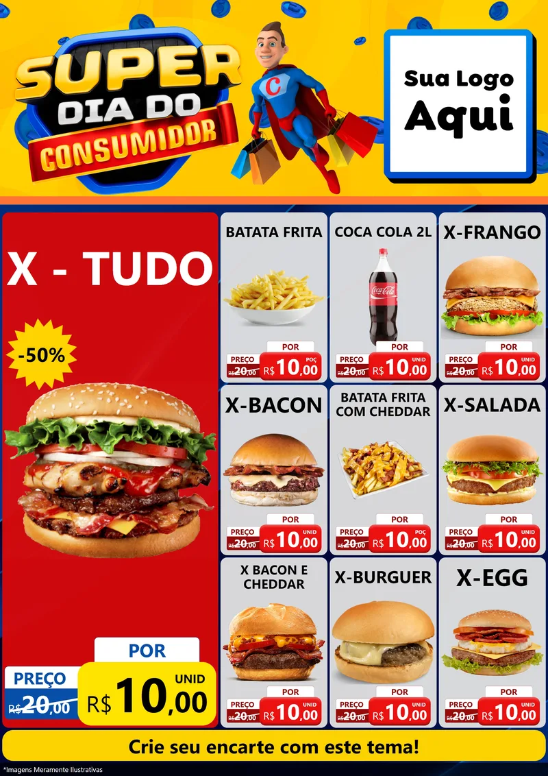 Modelo de Encarte para Encarte A4 Vertical com o tema Super Dia do Consumidor para Hamburgueria