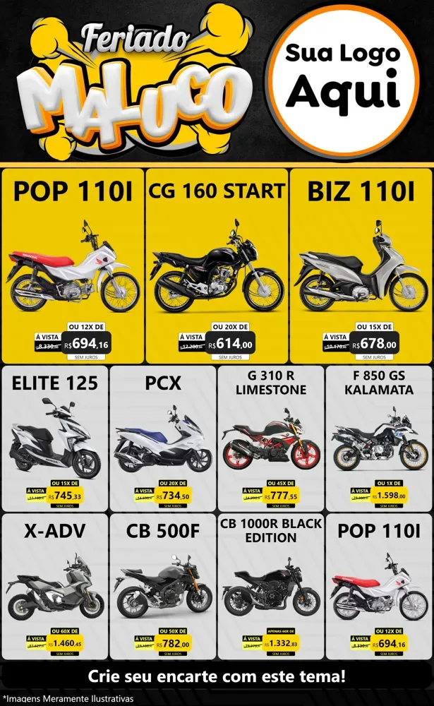 Modelo de Encarte para Encarte Grande com o tema Feriado Maluco para Concessionaria de Motos