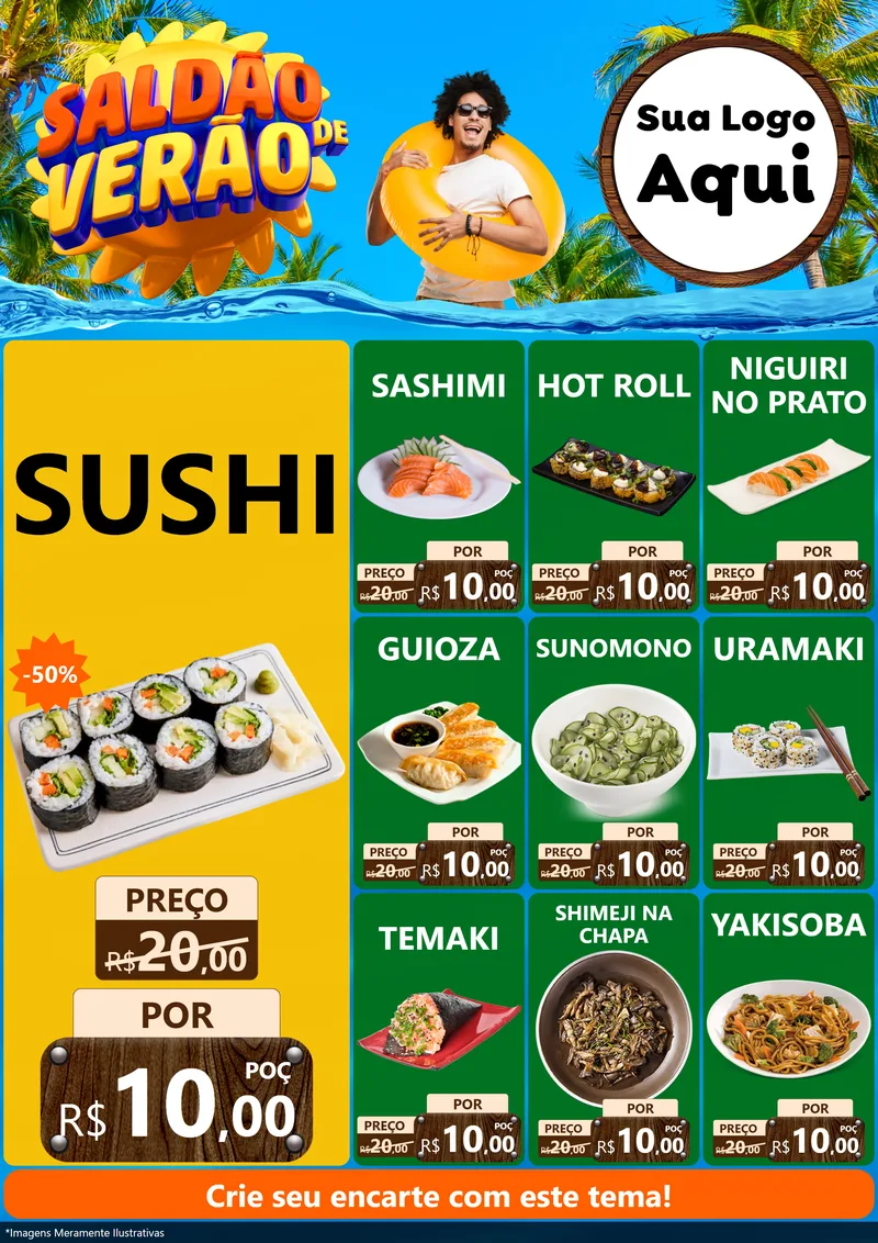Modelo de Encarte para Encarte A4 Vertical com o tema Saldão de Verão para Comida japonesa