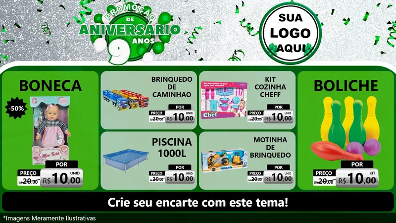 Modelo de TV para TV Horizontal com o tema Promoção de Aniversário - 9 Anos para Brinquedos