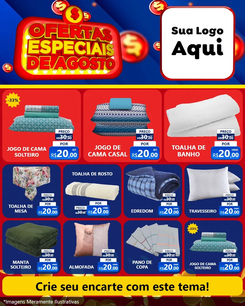 Modelo de Rede Social para Feed Instagram com o tema Ofertas Especiais de Agosto para Cama, Mesa e Banho