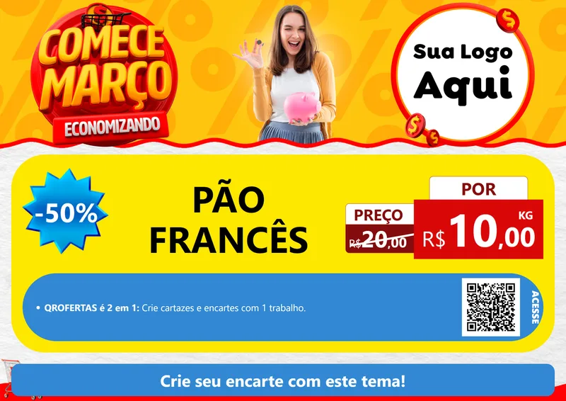 Modelo de Cartaz para Cartaz A4 Horizontal com o tema Comece Março Economizando para Padaria