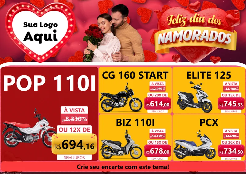 Modelo de Encarte para Encarte A4 Horizontal com o tema Feliz Dia Dos Namorados para Concessionaria de Motos