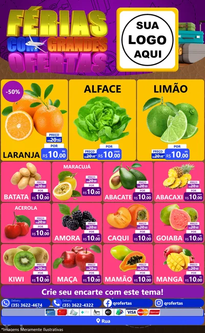 Modelo de Encarte para Encarte Grande com o tema Férias com Grandes Ofertas para Hortifrúti