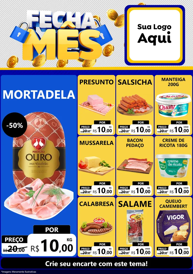 Modelo de Encarte para Encarte A4 Vertical com o tema Fecha Mês para Frios e Laticínios