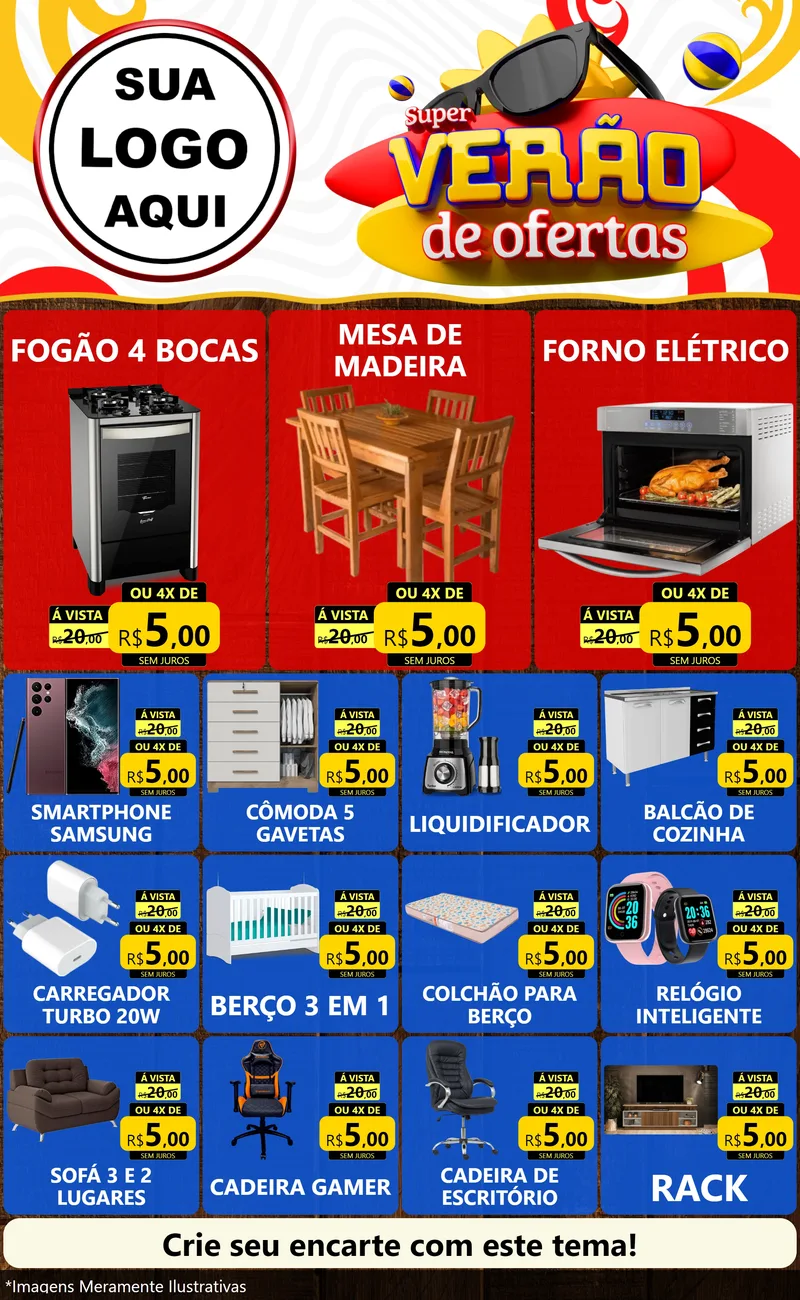 Modelo de Encarte para Encarte Grande com o tema Super Verão de Ofertas para Móveis e Eletro