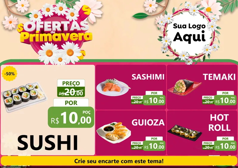 Modelo de Encarte para Encarte A4 Horizontal com o tema Ofertas de Primavera para Comida japonesa
