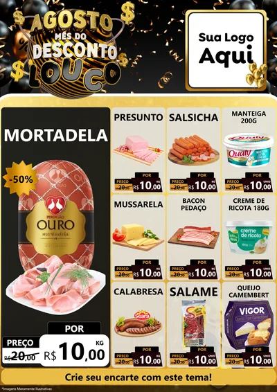 Modelo de Encarte para Encarte A4 Vertical com o tema Agosto Mês do Desconto Louco para Frios e Laticínios
